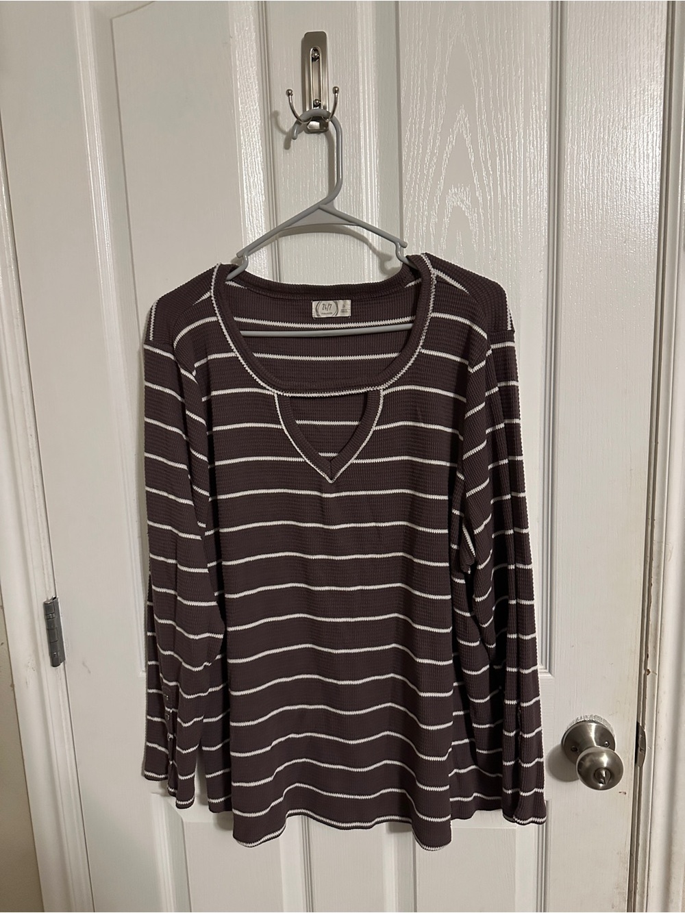 Maurices dark purple and White Striped Long-Sleeve with peek-a-boo neckline
